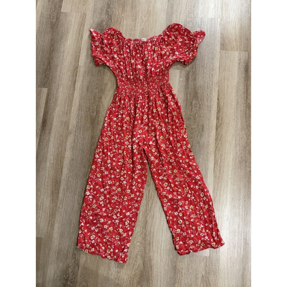 Kindred Anthropologie Red Floral Jumpsuit Romper Women’s Size Large Cropped Flow